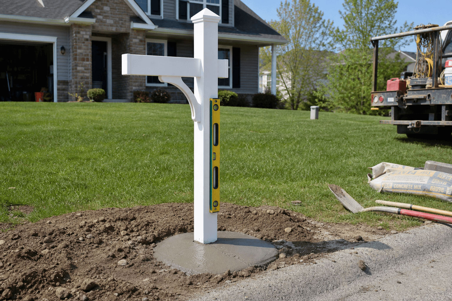 New mailbox post set in fresh concrete for a Louisville installation