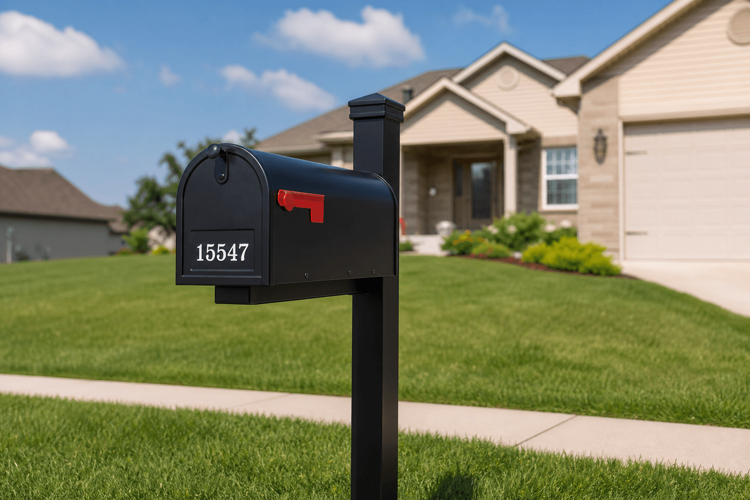 Replacement black mailbox installed on a curbside post in Louisville